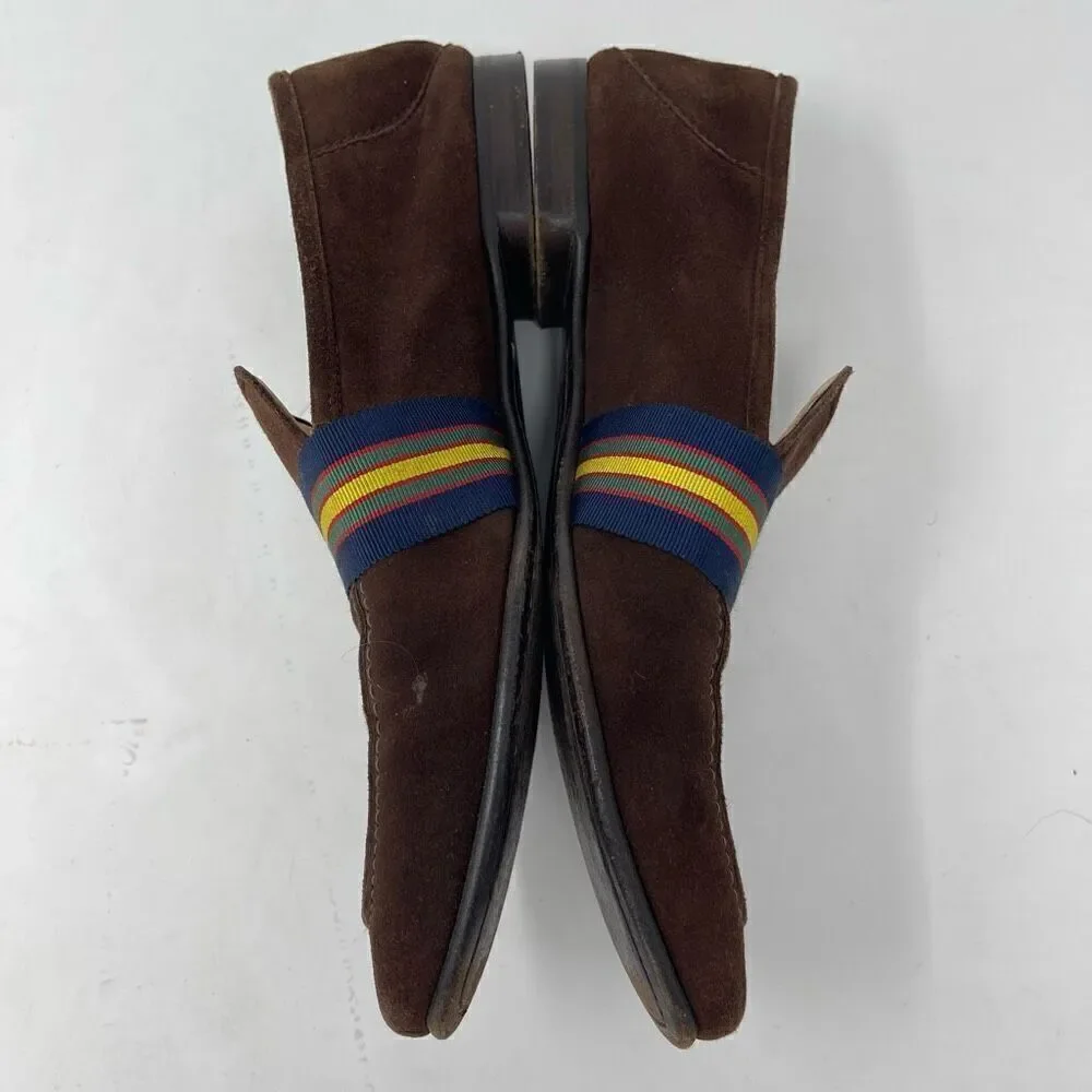 Paul Stuart Brown Blue Striped Herve Ribbon Band Slip on Suede Loafer Size 8